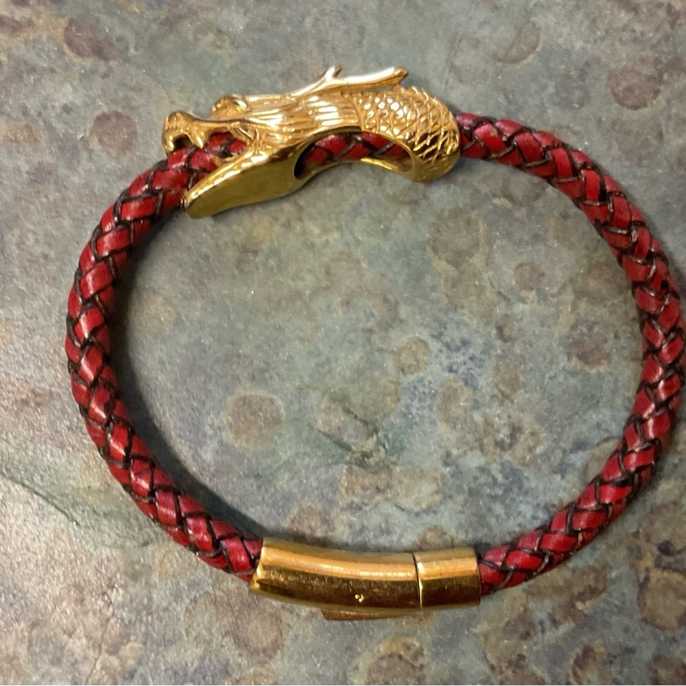 Red Braided Leather Dragon Head Bracelet with Gold Accents